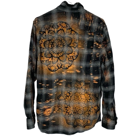 Boho Flannel Shirt Womens Size Medium Unisex Handmade Mandala Floral Plaid Black - Picture 2 of 10